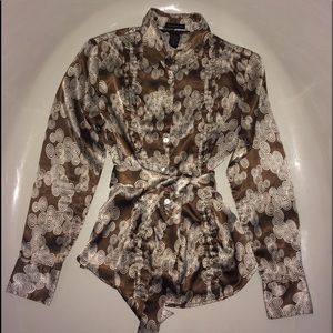 Brown & White Stretch Blouse with Matching Belt